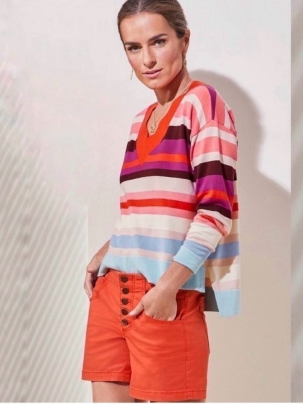 CAbi Multicolor Stripe V-Neck Sweater - Red, Purple, Pink & Aqua